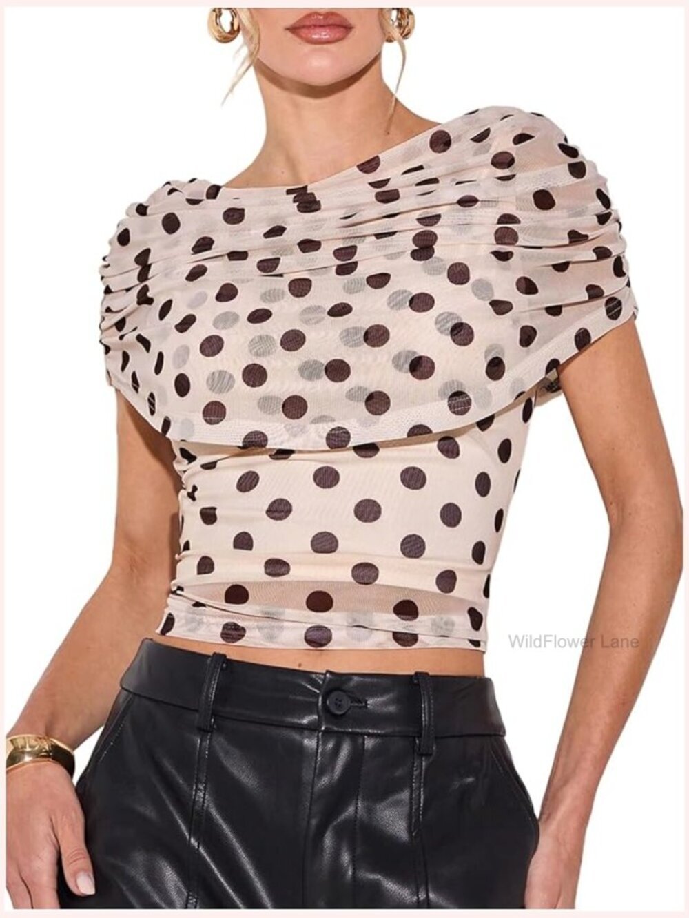 Polka Dots Ruched Mesh Asymmetrical Blouse Going Out Top